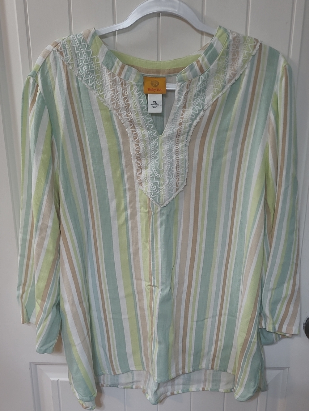 Ruby Road XL Pastel Stripe Lace-Trim Tunic - Green Multi